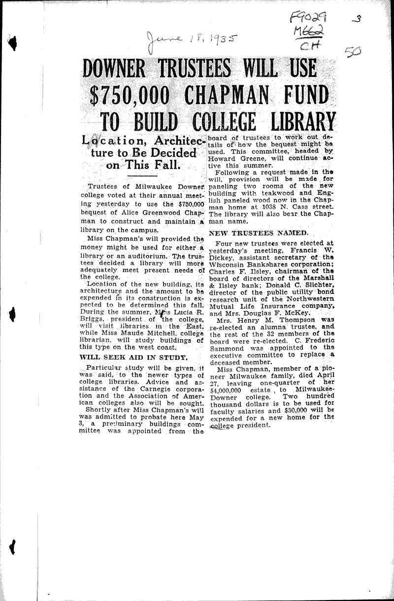 Girls' college, family share in $ 4,000,000 Source: Milwaukee Journal Topics: Education Date: 1935-05-03