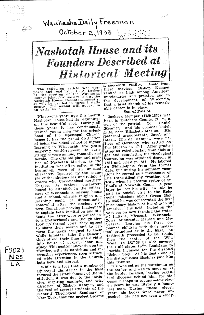  Source: Waukesha Daily Freeman Topics: Church History Date: 1933-10-02