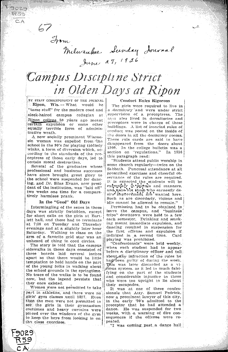 Campus discipline strict in olden days at Ripon Newspaper Article/Clipping Wisconsin