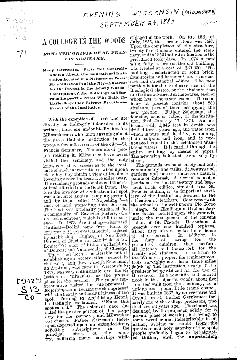  Source: Milwaukee Evening Wisconsin Topics: Church History Date: 1883-09-24