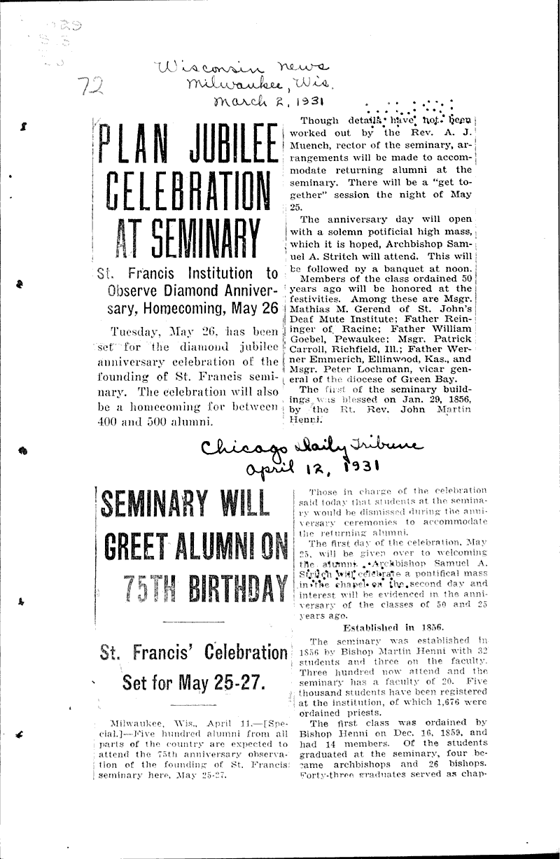 Source: Wisconsin News Topics: Church History Date: 1931-03-02