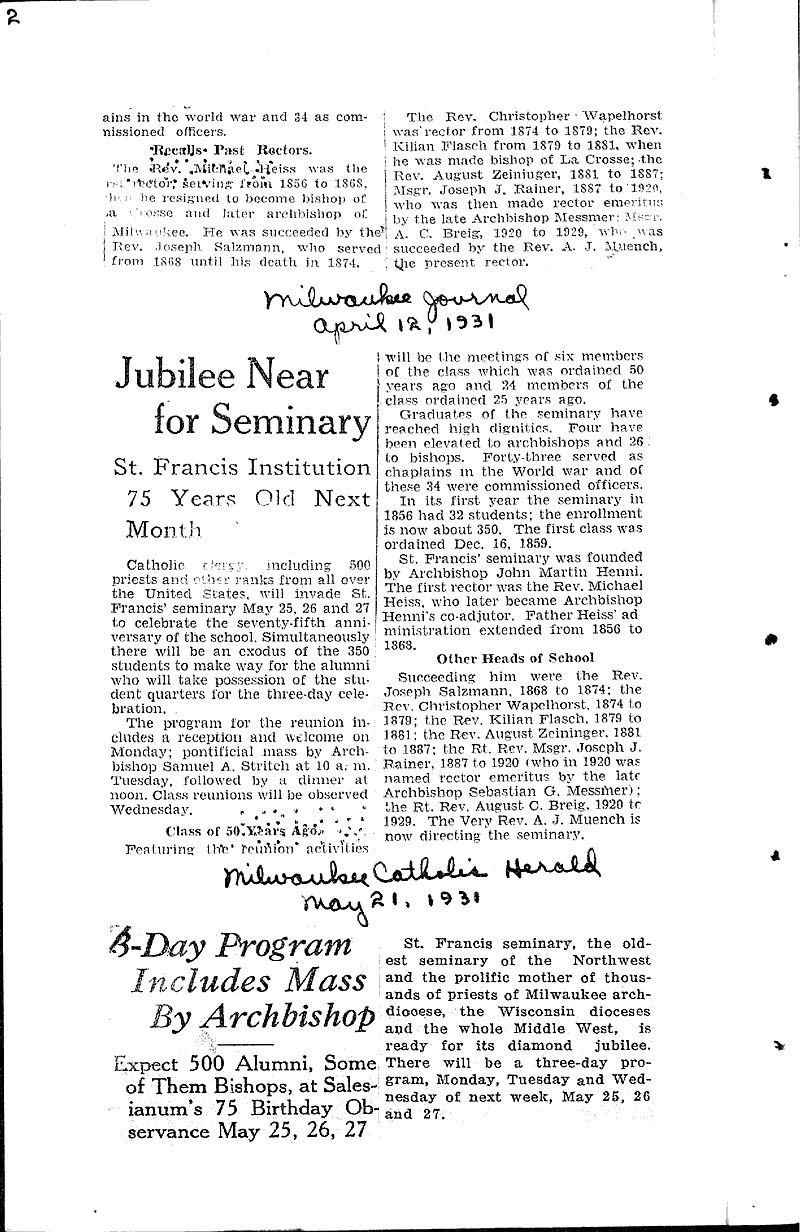  Source: Wisconsin News Topics: Church History Date: 1931-03-02