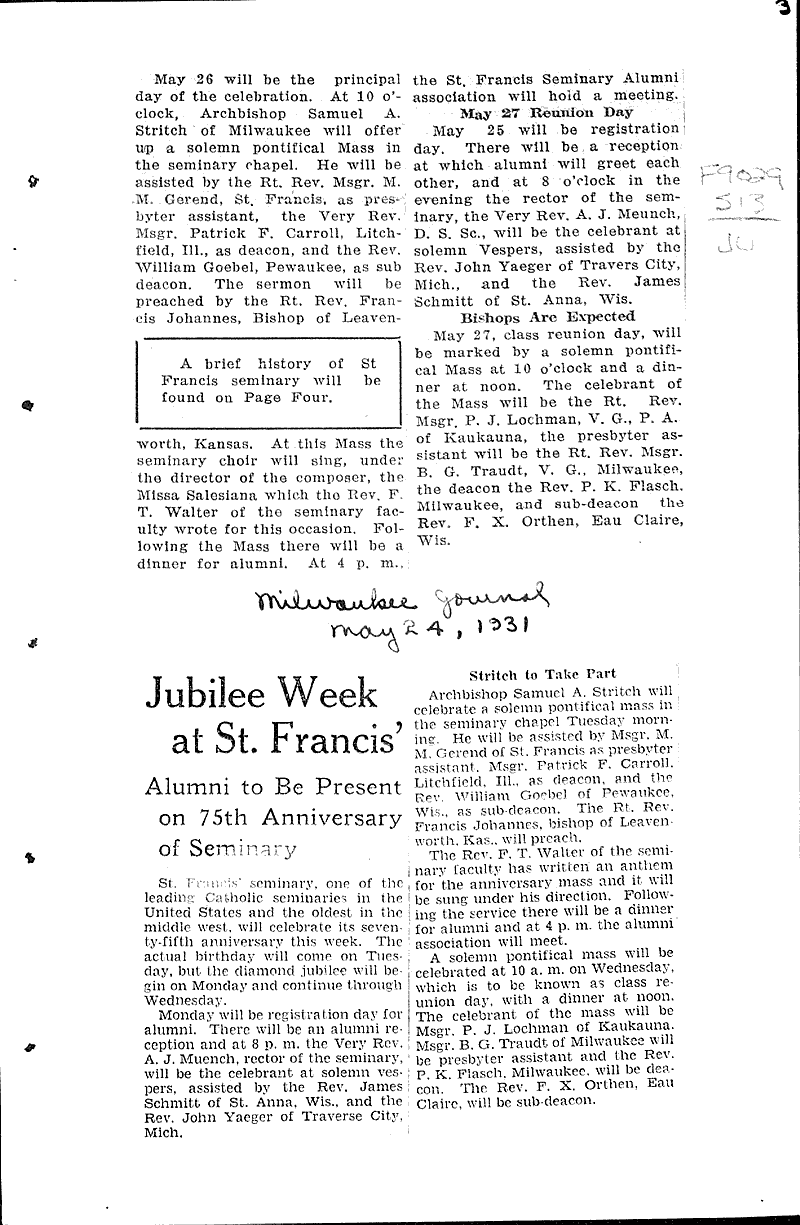  Source: Wisconsin News Topics: Church History Date: 1931-03-02
