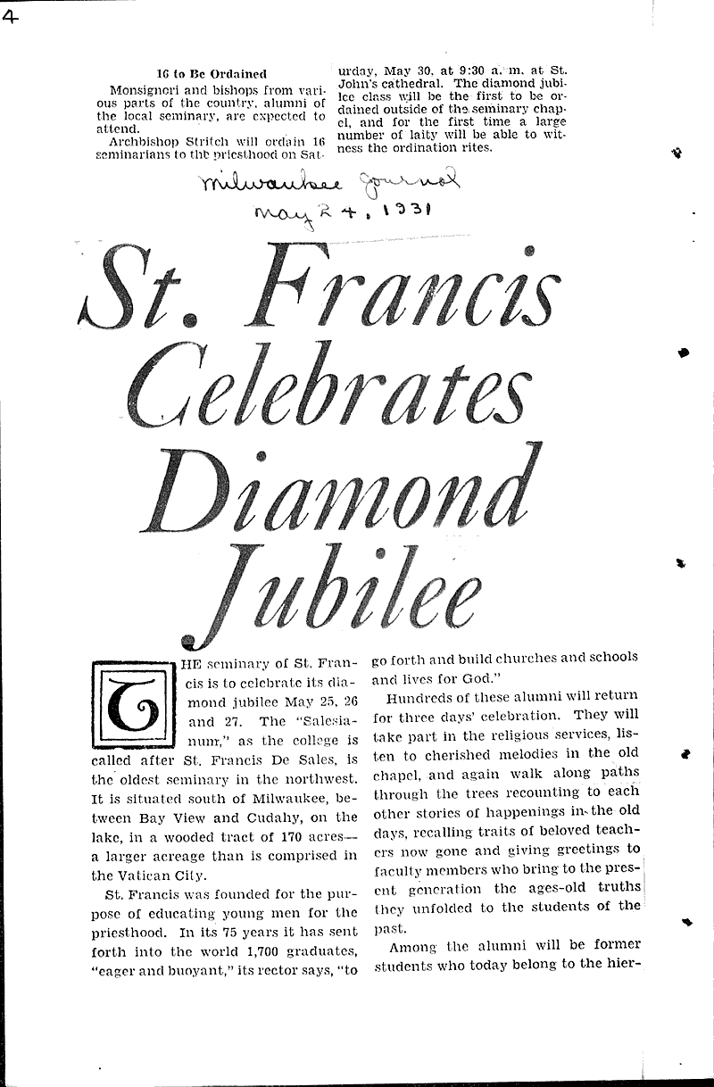  Source: Wisconsin News Topics: Church History Date: 1931-03-02
