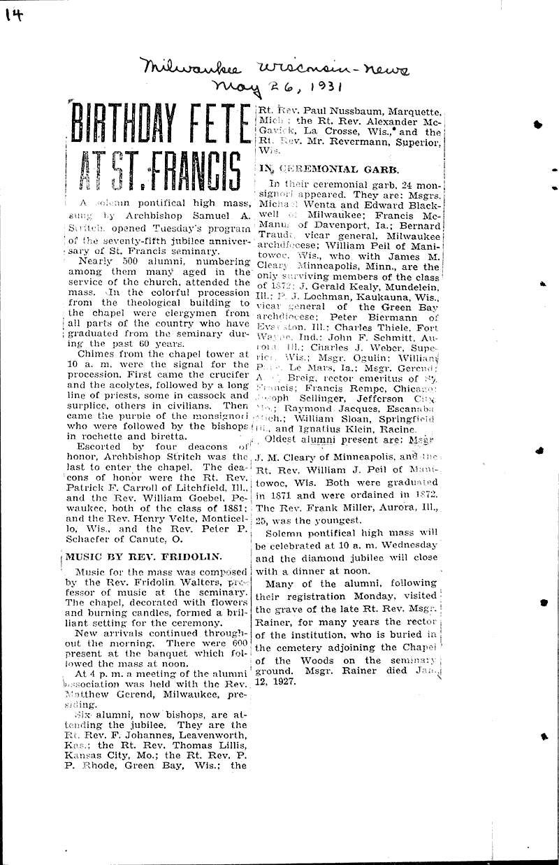  Source: Wisconsin News Topics: Church History Date: 1931-03-02