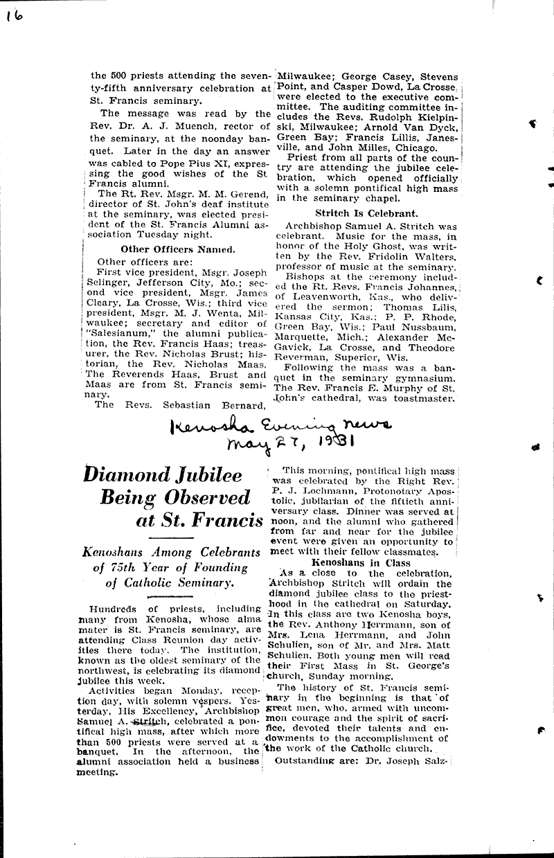  Source: Wisconsin News Topics: Church History Date: 1931-03-02