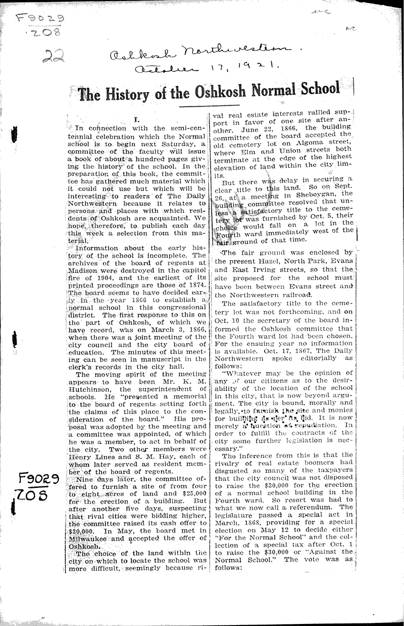  Source: Oshkosh Northwestern Topics: Education Date: 1921-10-17