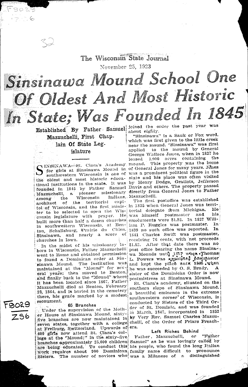 Sinsinawa Mound school one of oldest and most historic in State; was