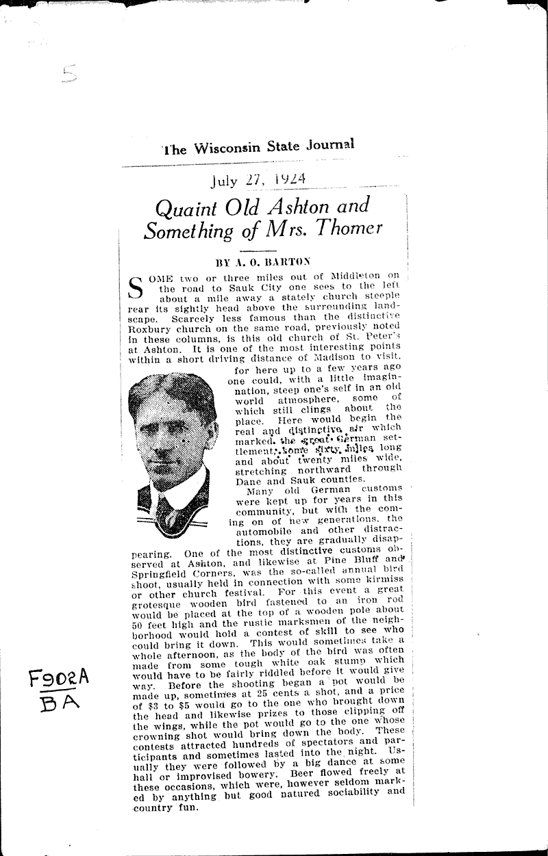 Quaint old ashton and something of mrs. thomer Newspaper Article