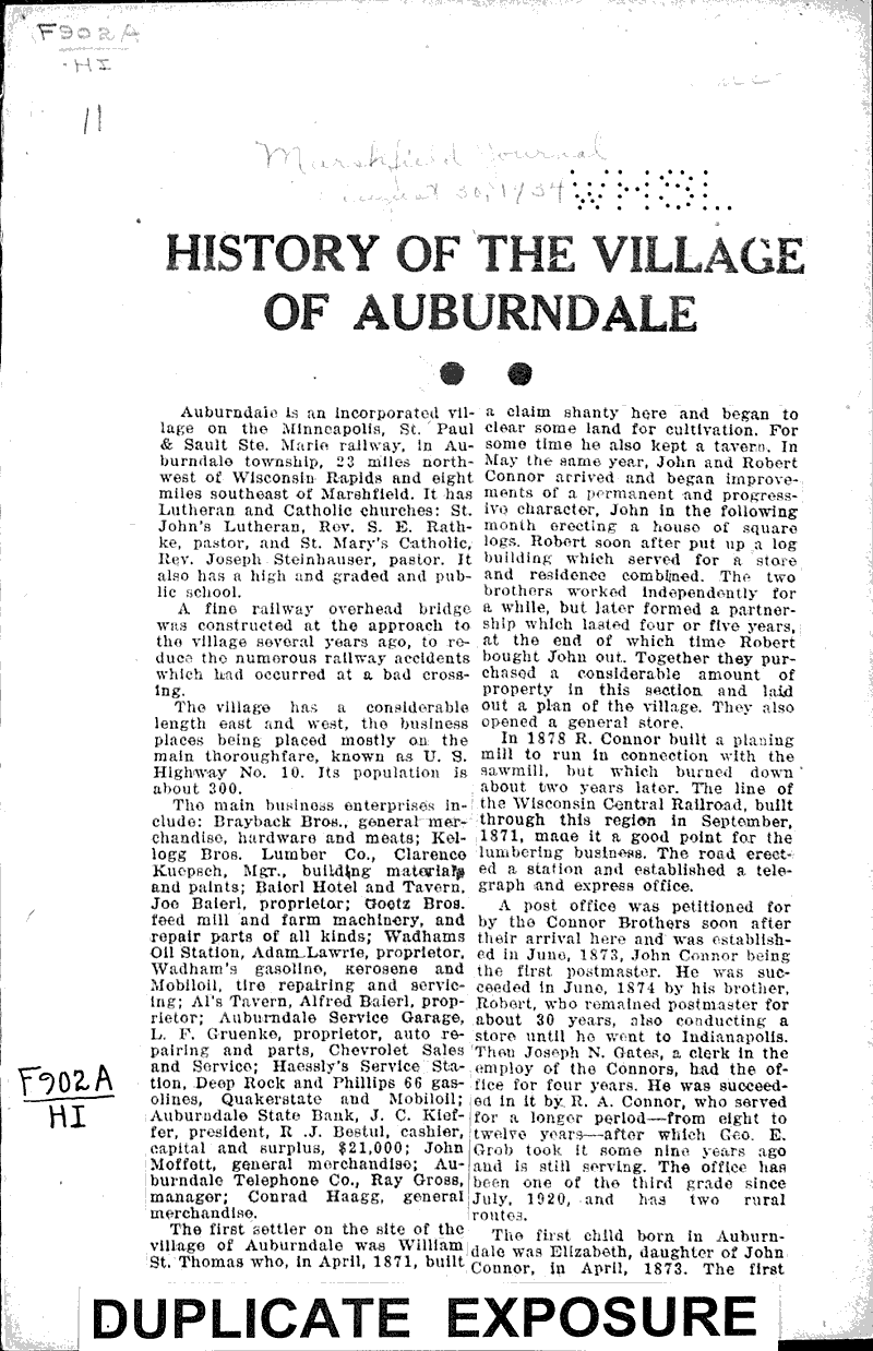 History of the village of Auburndale Newspaper Article/Clipping