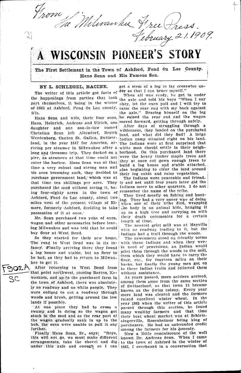 A wisconsin pioneer's story Newspaper Article/Clipping Wisconsin
