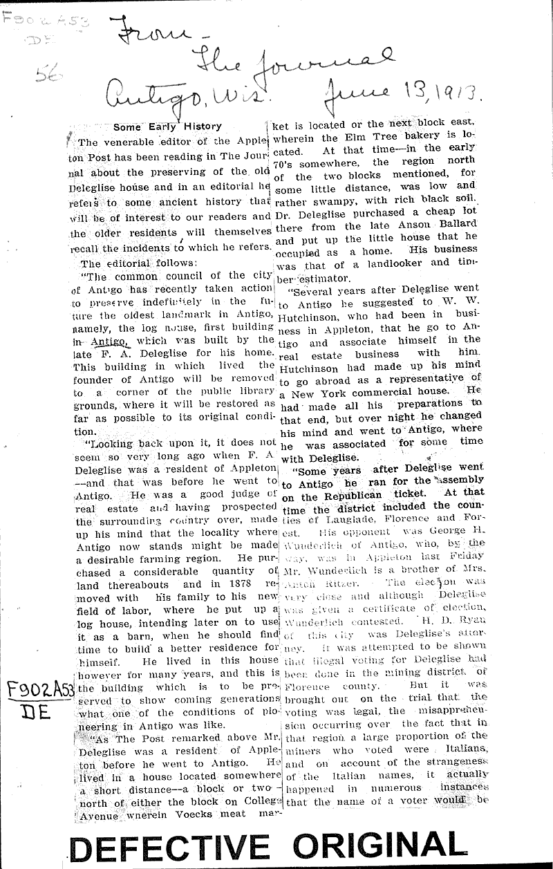 Some early history Newspaper Article/Clipping Wisconsin Historical