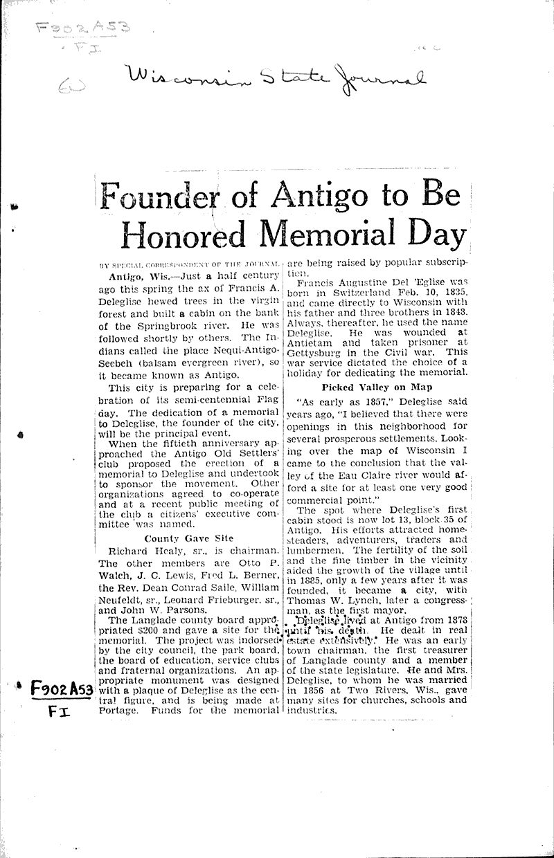 Founder of Antigo to be honored Memorial Day Newspaper Article