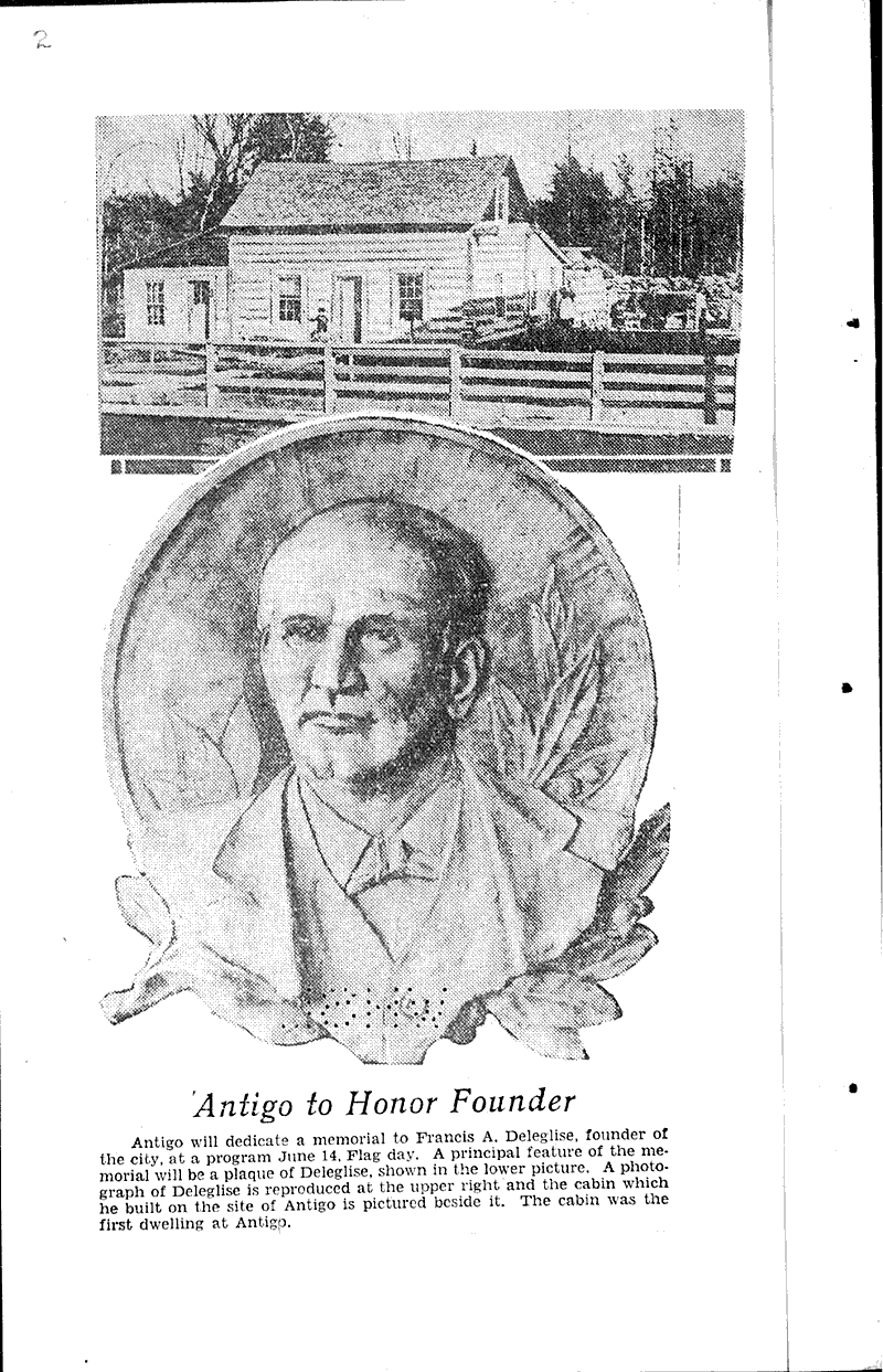 Founder of Antigo to be honored Memorial Day Newspaper Article