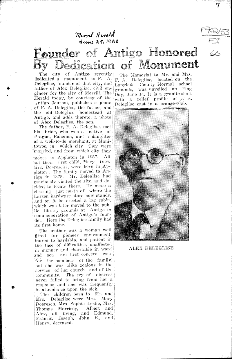 Founder of Antigo honored by dedication of monument Newspaper Article