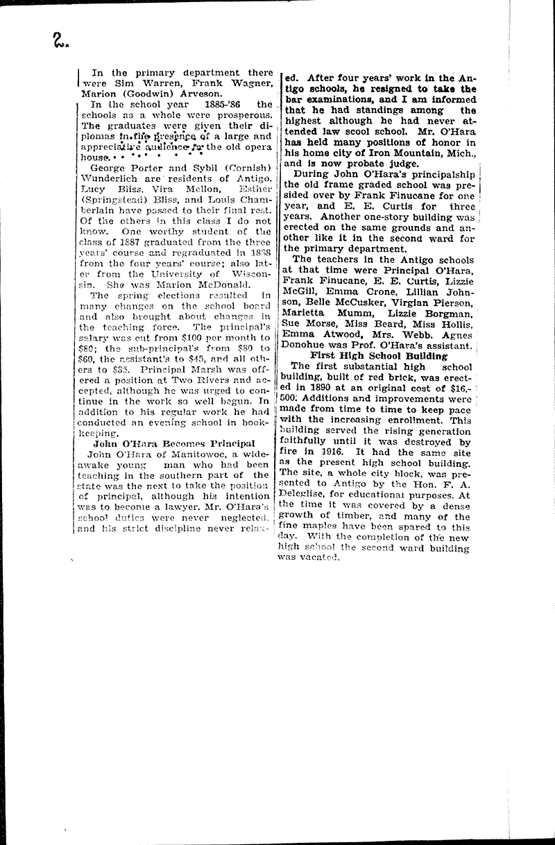 Reminiscences of Antigo's schools and early teachers Newspaper