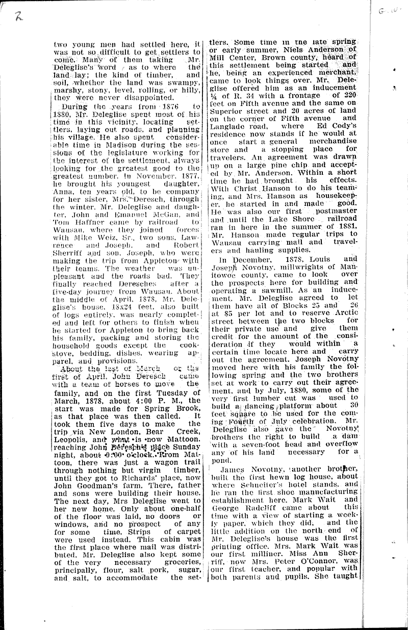 Mrs. leslie gives account antigo's early history Newspaper Article