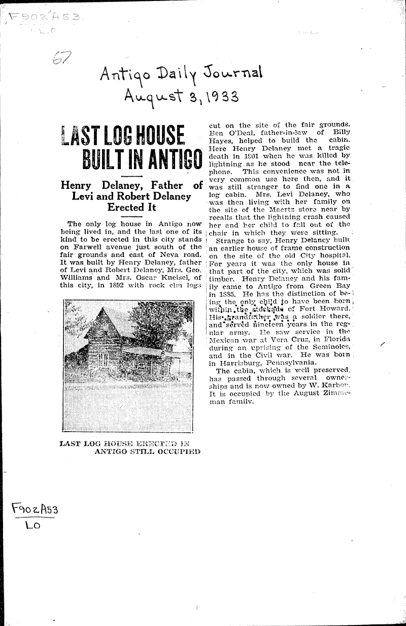 Last log house built in antigo Newspaper Article/Clipping Wisconsin