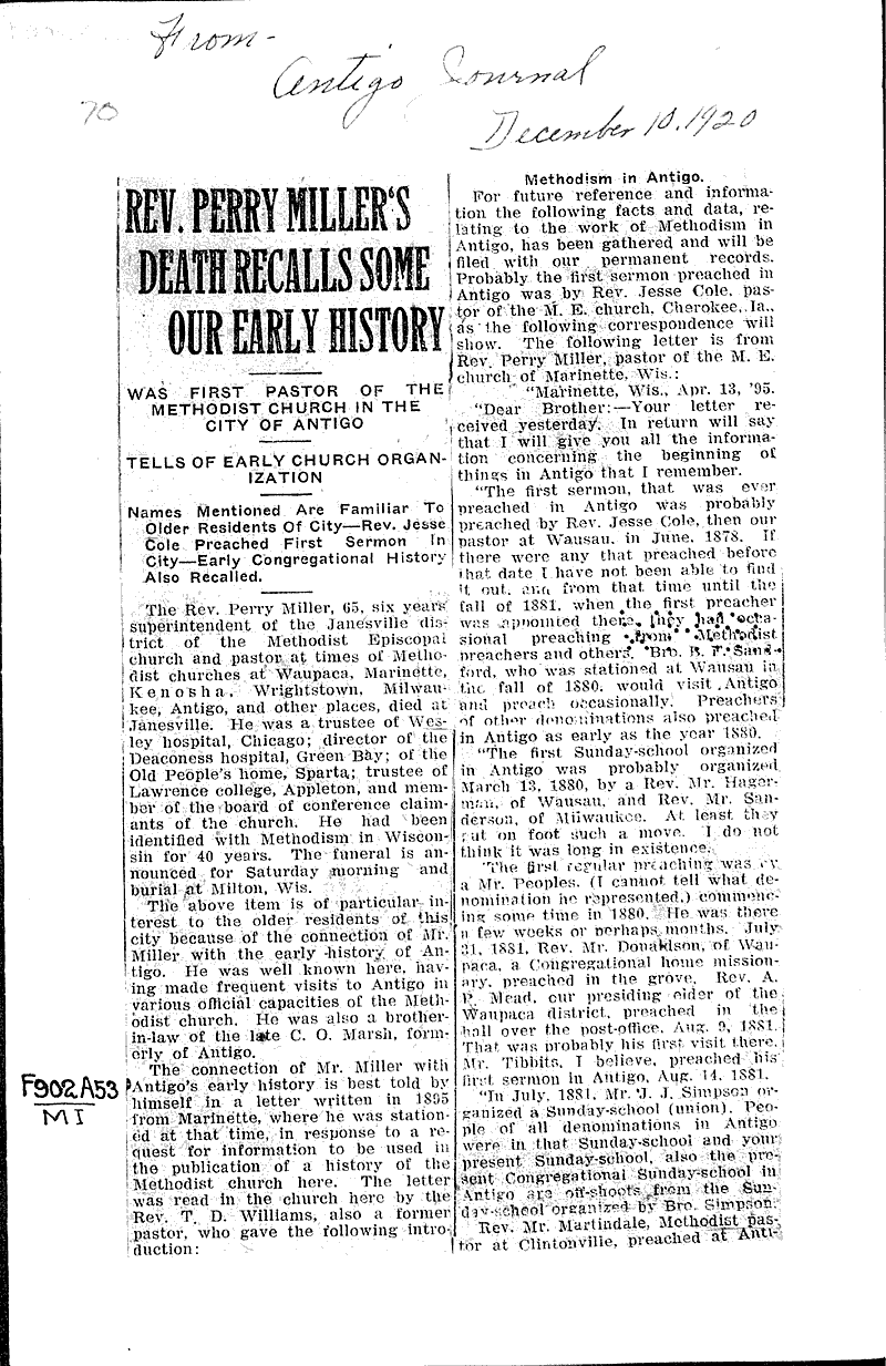  Source: Antigo Journal Topics: Church History Date: 1920-12-10
