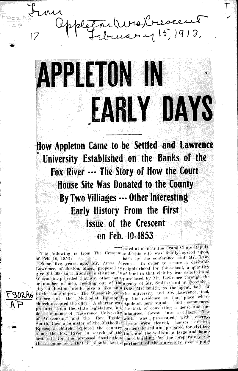Appleton in eary days Newspaper Article/Clipping Wisconsin