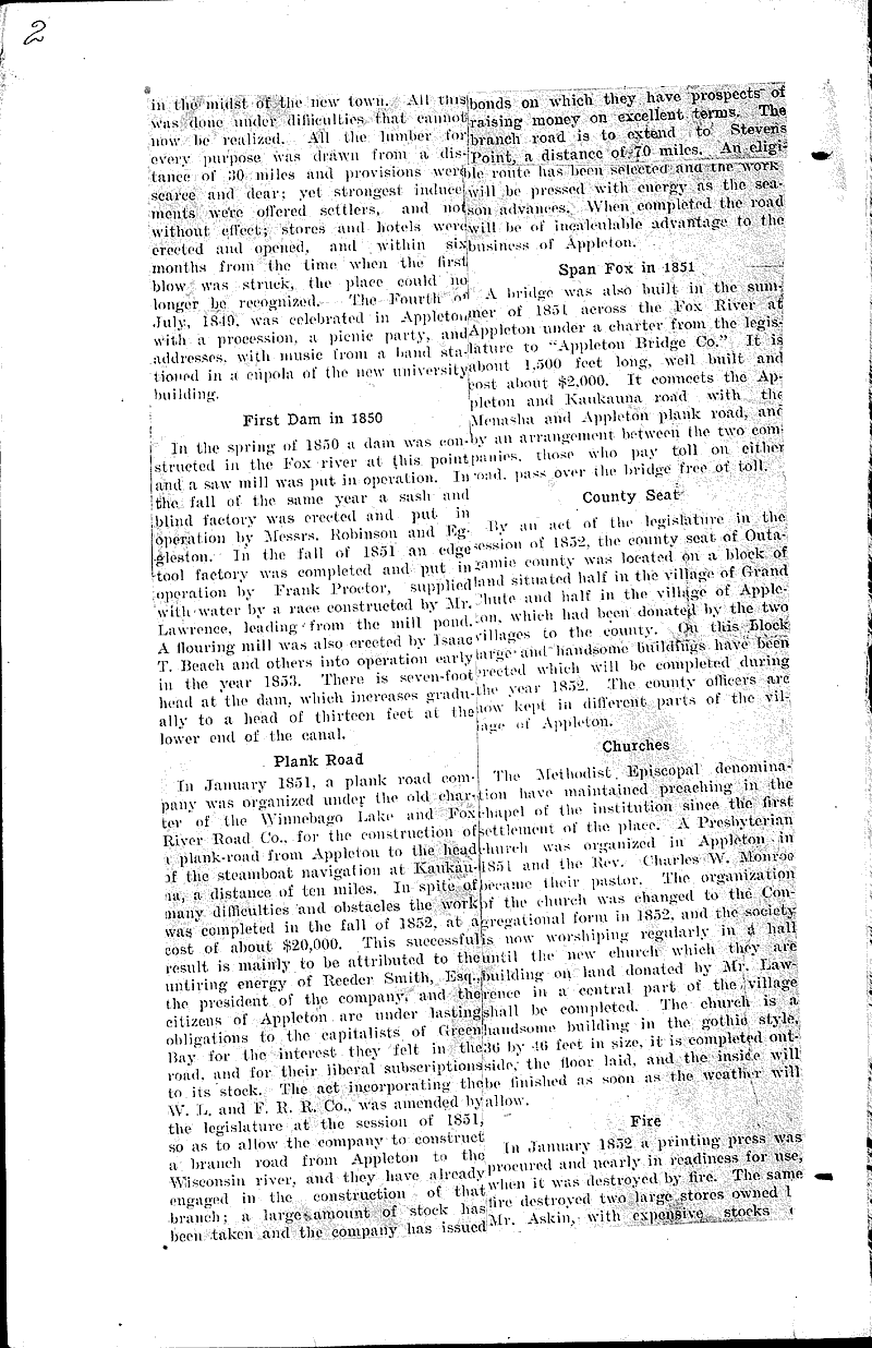 Appleton in eary days Newspaper Article/Clipping Wisconsin