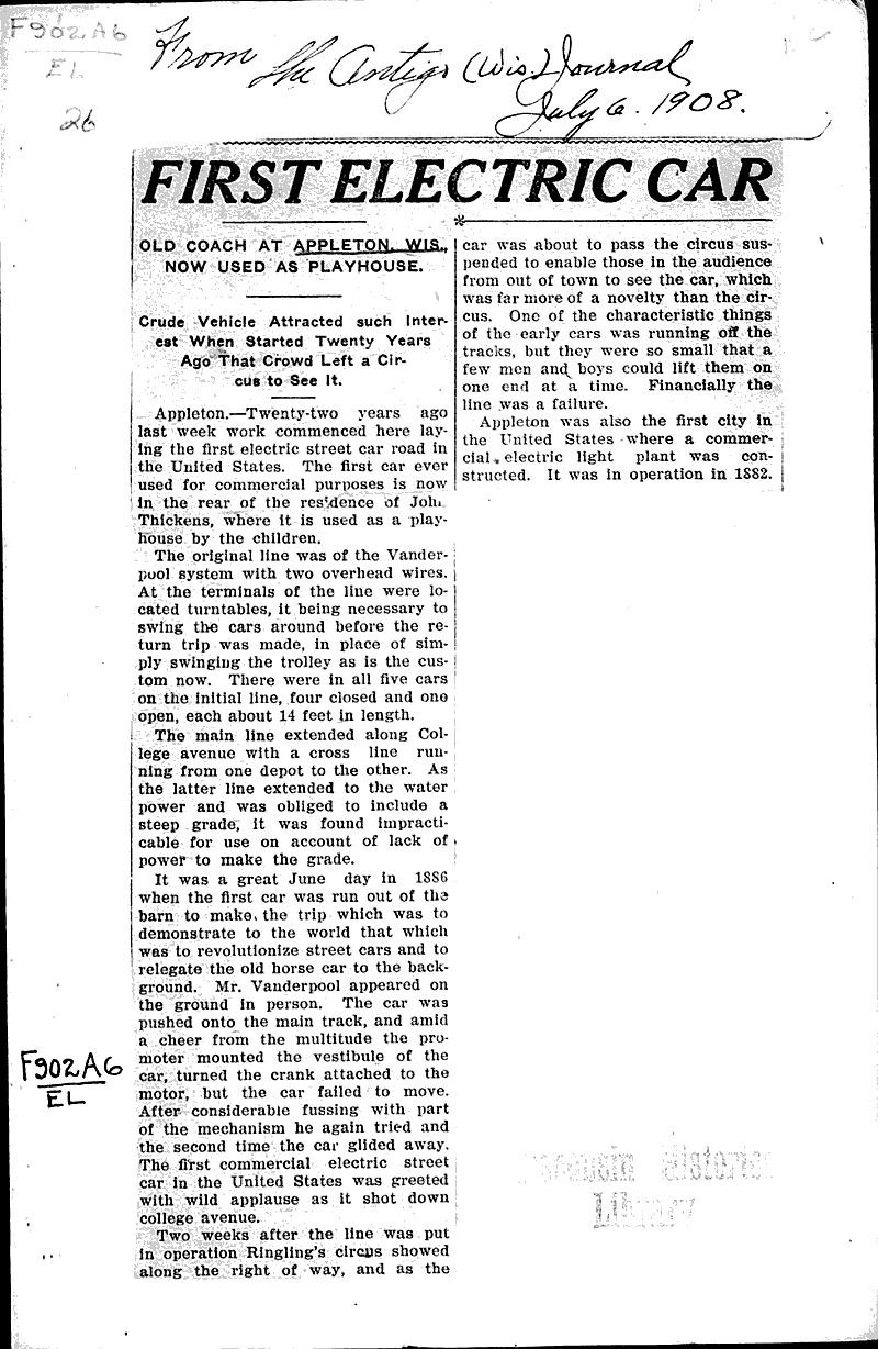 First electric car Newspaper Article/Clipping Wisconsin Historical