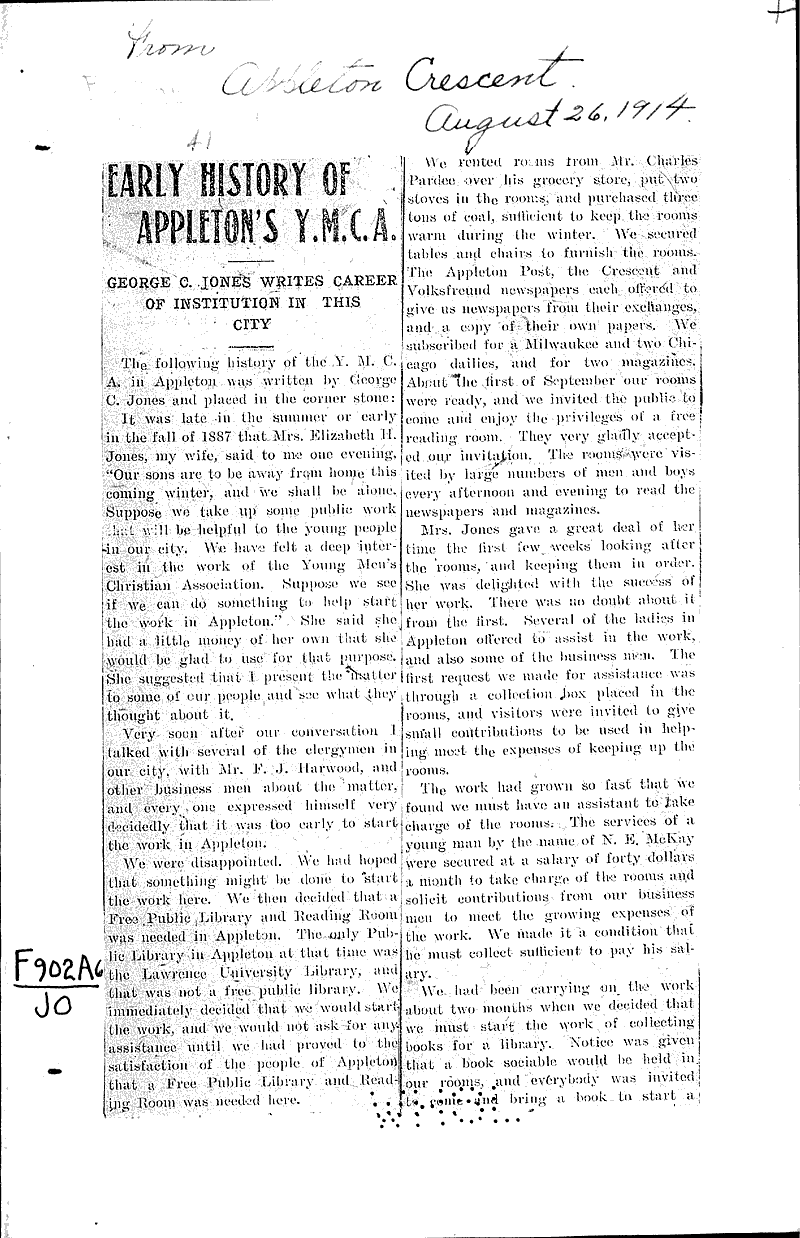Early history of appleton's y.m.c.a. Newspaper Article/Clipping