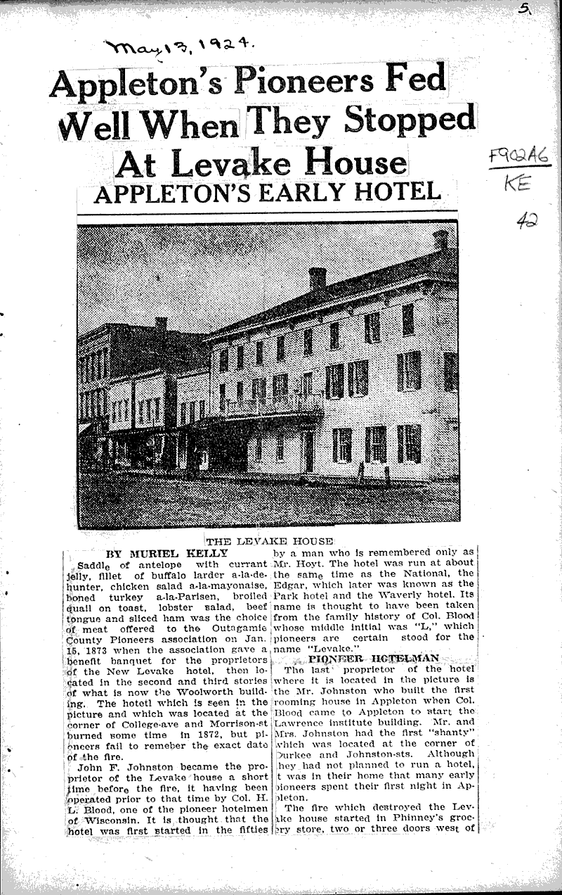 Appleton's pioneers fed well when they stopped at Levake house