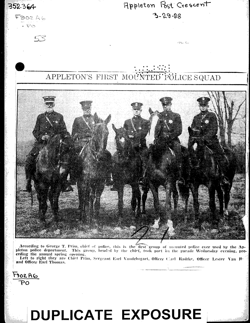 Appleton's first mounted police squad Newspaper Article/Clipping