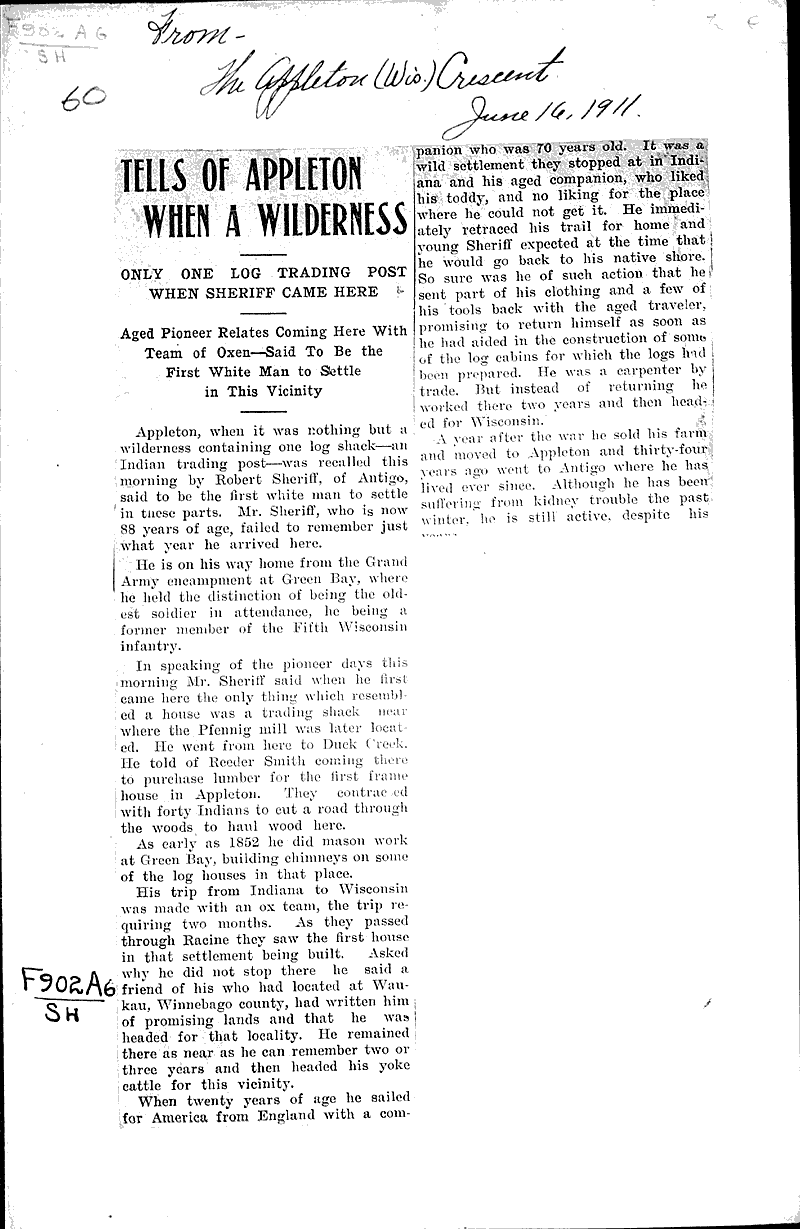Tells of Appleton when a wilderness Newspaper Article/Clipping