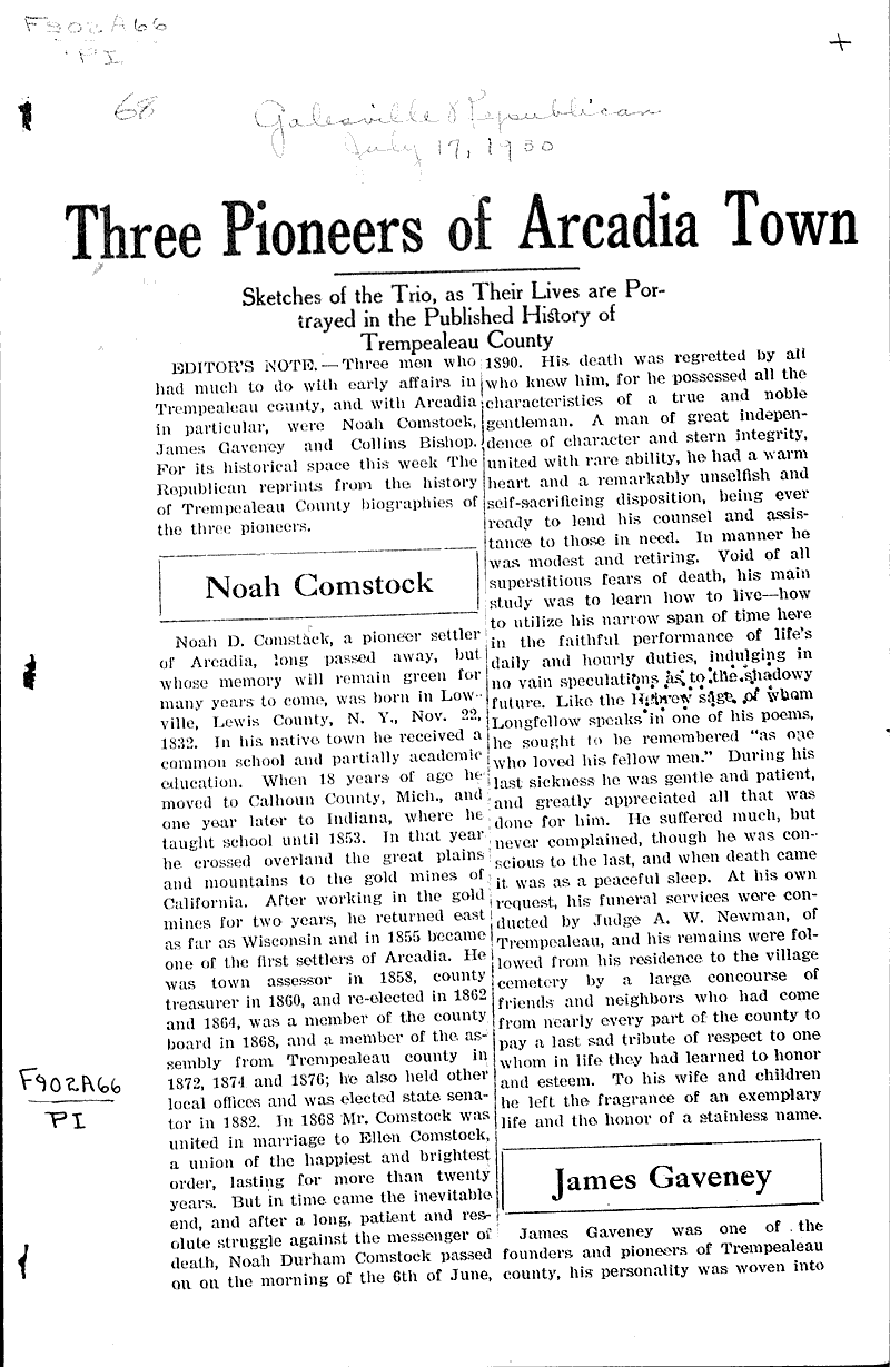 Three pioneers of Arcadia town Newspaper Article/Clipping Wisconsin