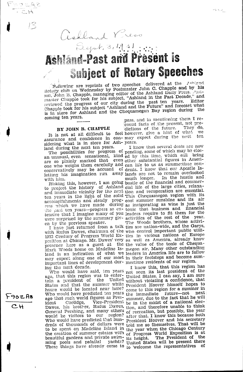 Ashlandpast and present is subject of Rotary speeches Newspaper Article/Clipping Wisconsin