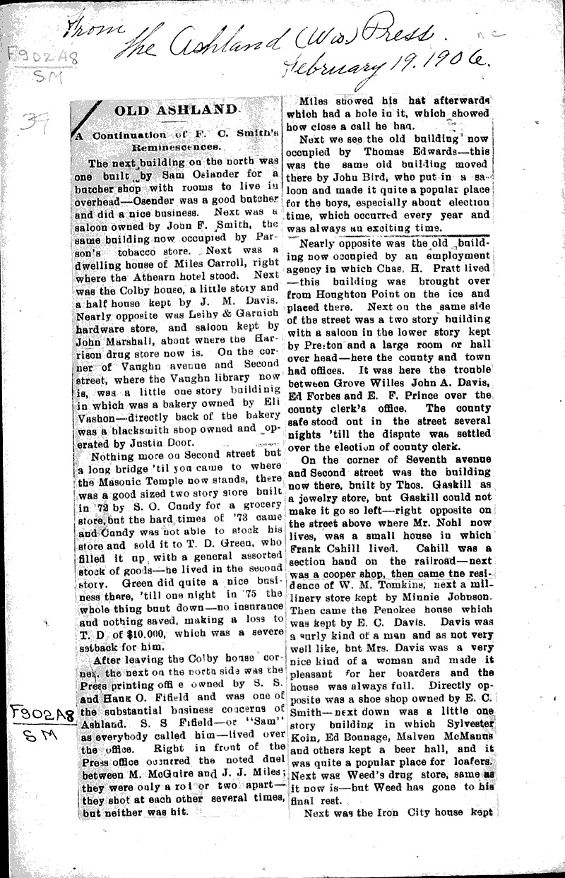 Old Ashland Newspaper Article/Clipping Wisconsin Historical Society