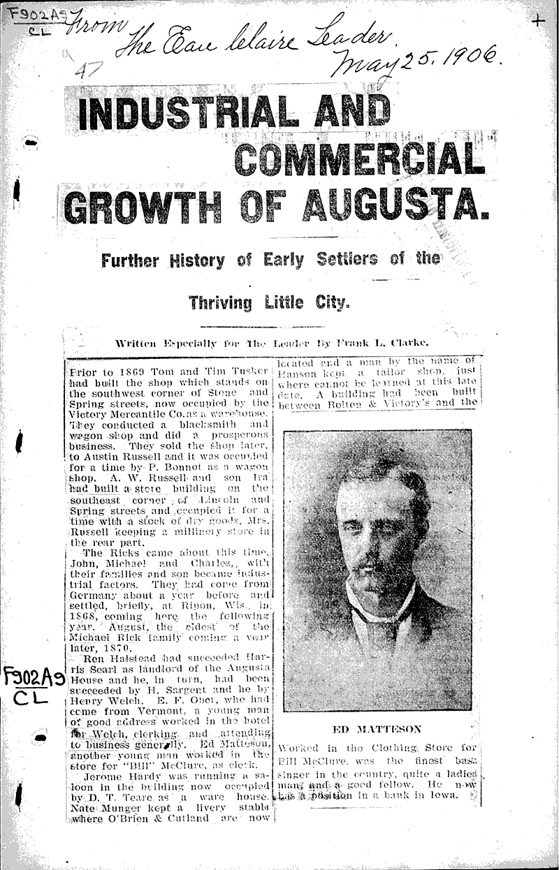  Source: Eau Claire Leader Topics: Industry Date: 1906-05-25