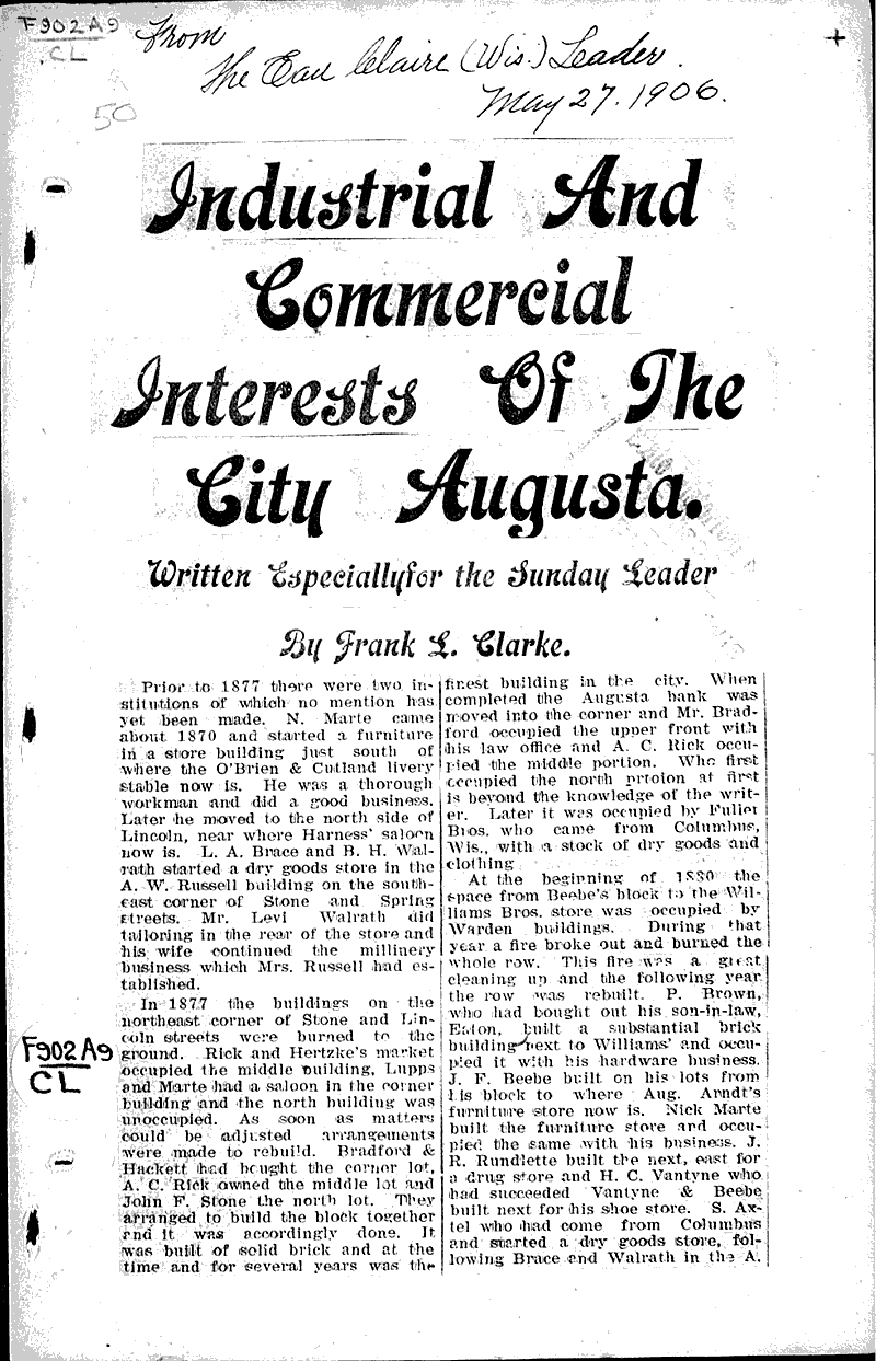  Source: Eau Claire Leader Topics: Industry Date: 1906-05-27