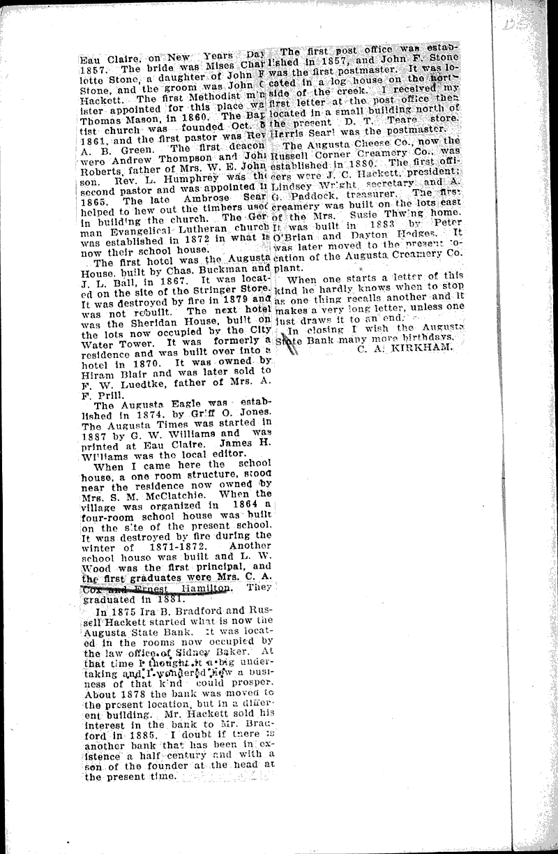 The early days of Augusta Newspaper Article/Clipping Wisconsin