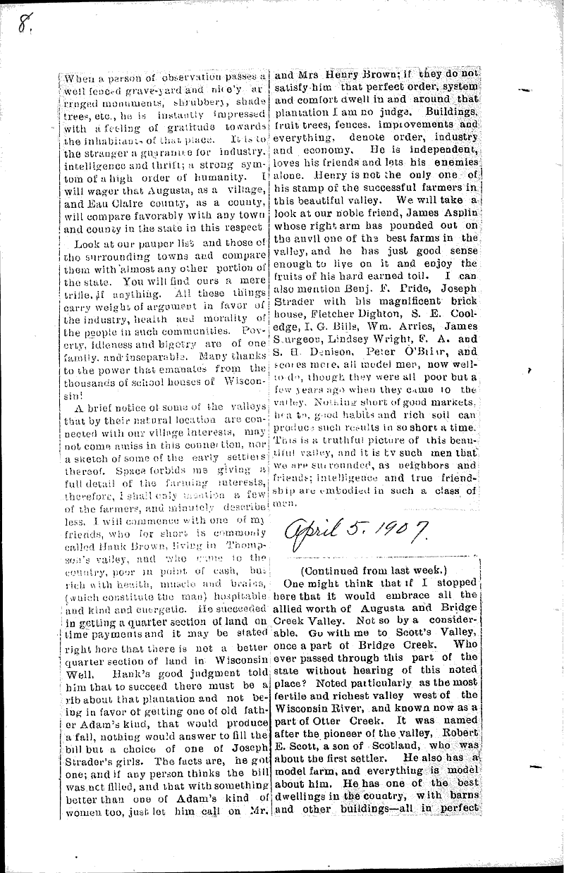 Augusta in early days Newspaper Article/Clipping Wisconsin