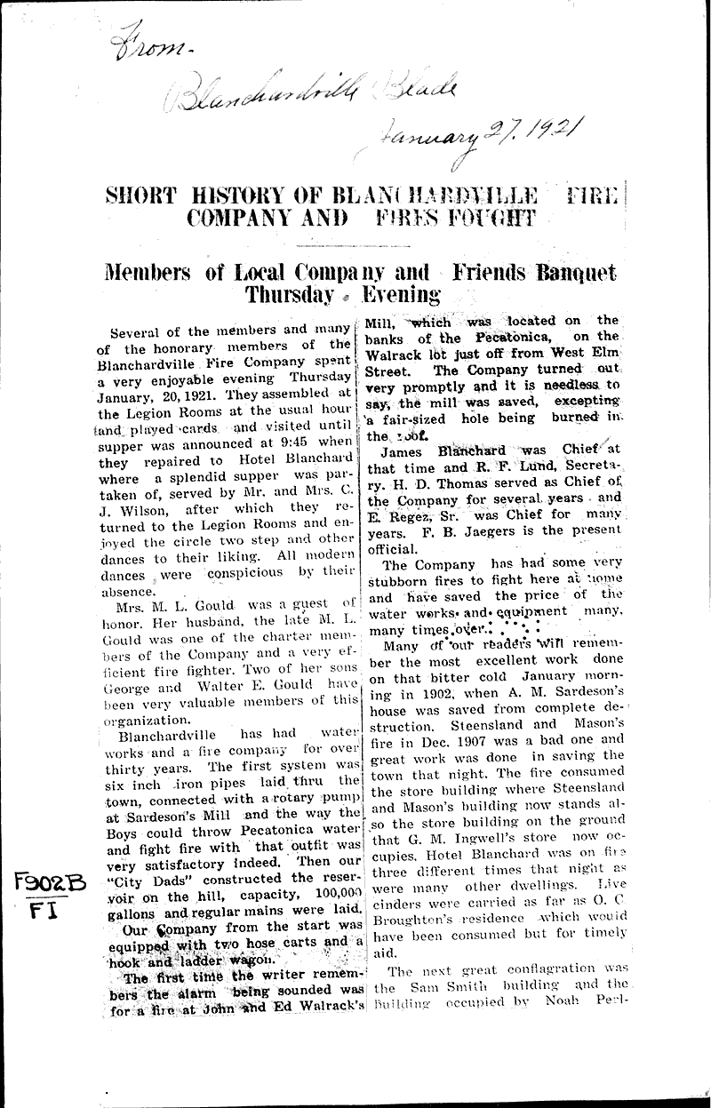 Short history of Blanchardville fire company and fires fought