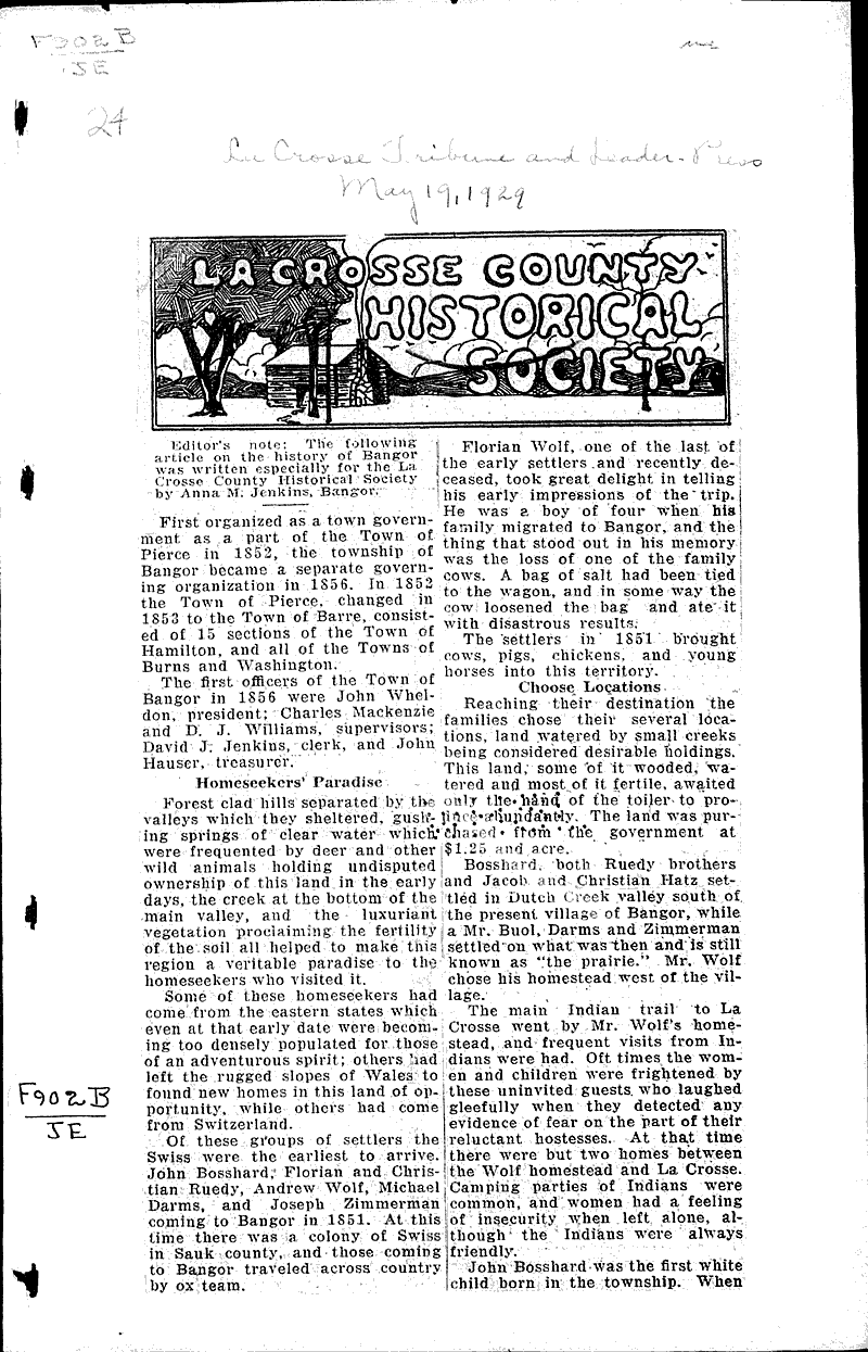 La Crosse county historical society Newspaper Article/Clipping