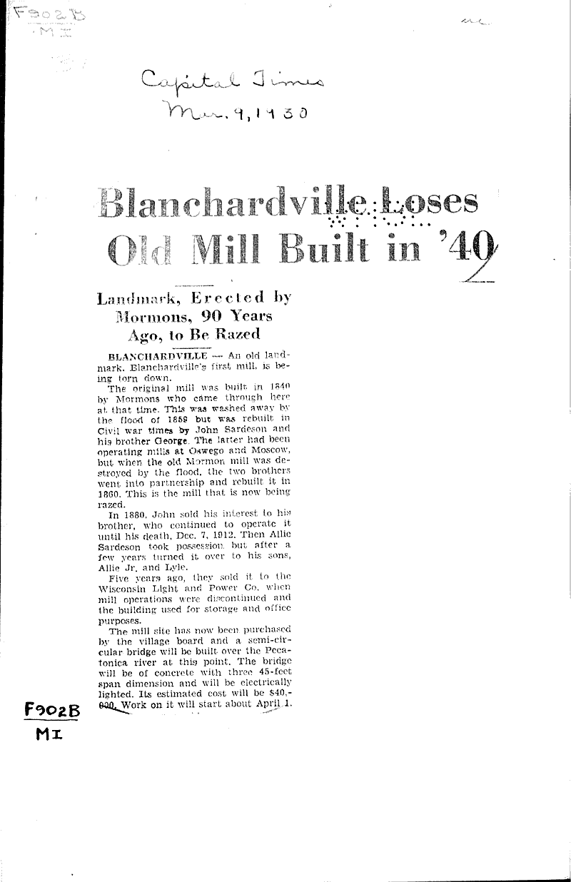Blanchardville loses old mill built in '40 Newspaper Article/Clipping