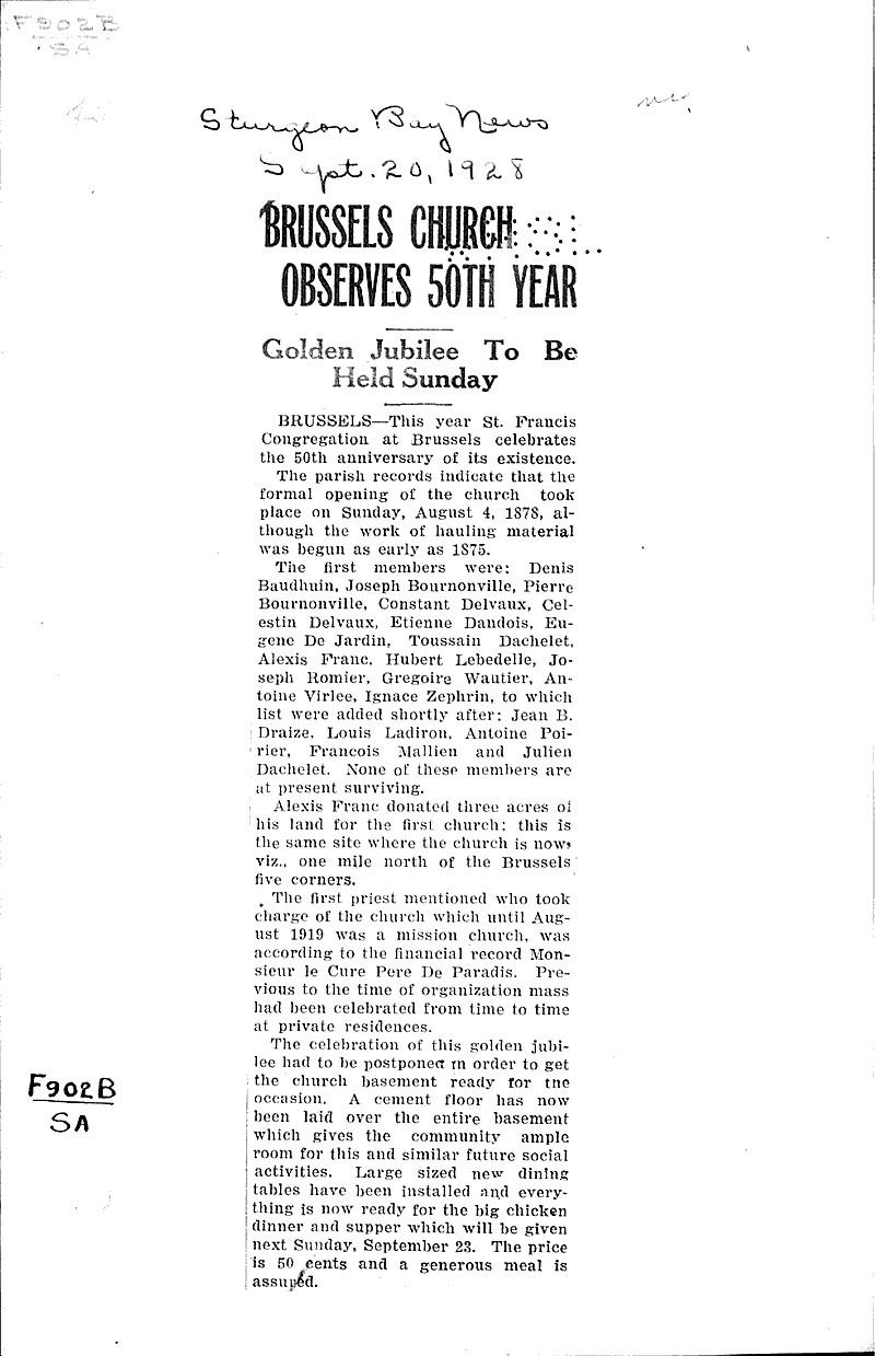 Source: Sturgeon Bay News Topics: Church History Date: 1928-09-20
