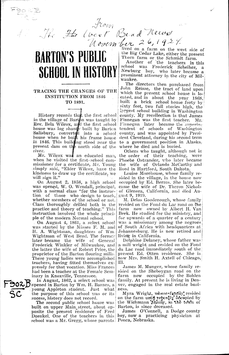  Source: West Bend News Topics: Education Date: 1924-11-26