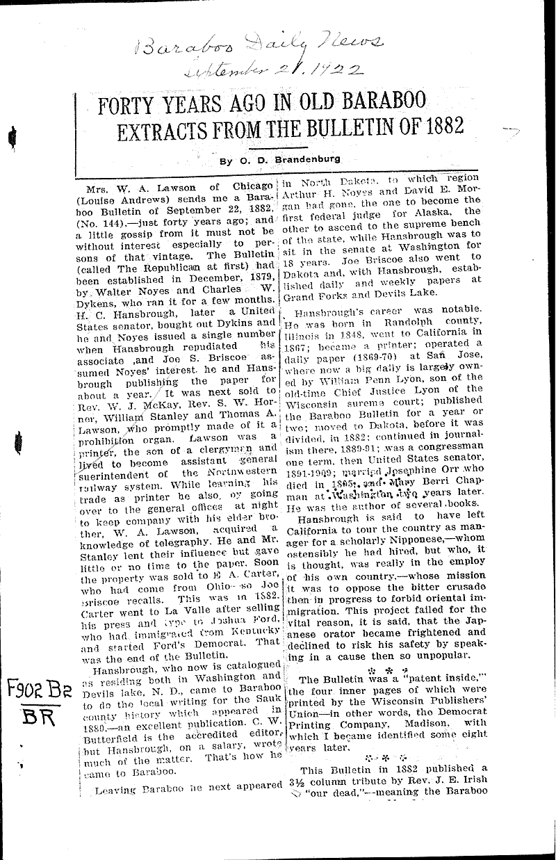 Forty years ago in old Baraboo extracts from the bulletin of 1882