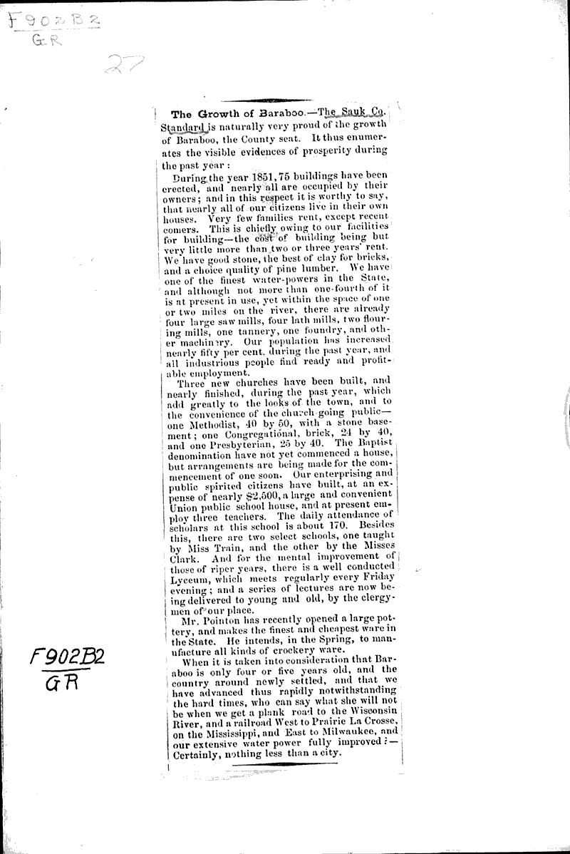 The growth of Baraboo Newspaper Article/Clipping Wisconsin