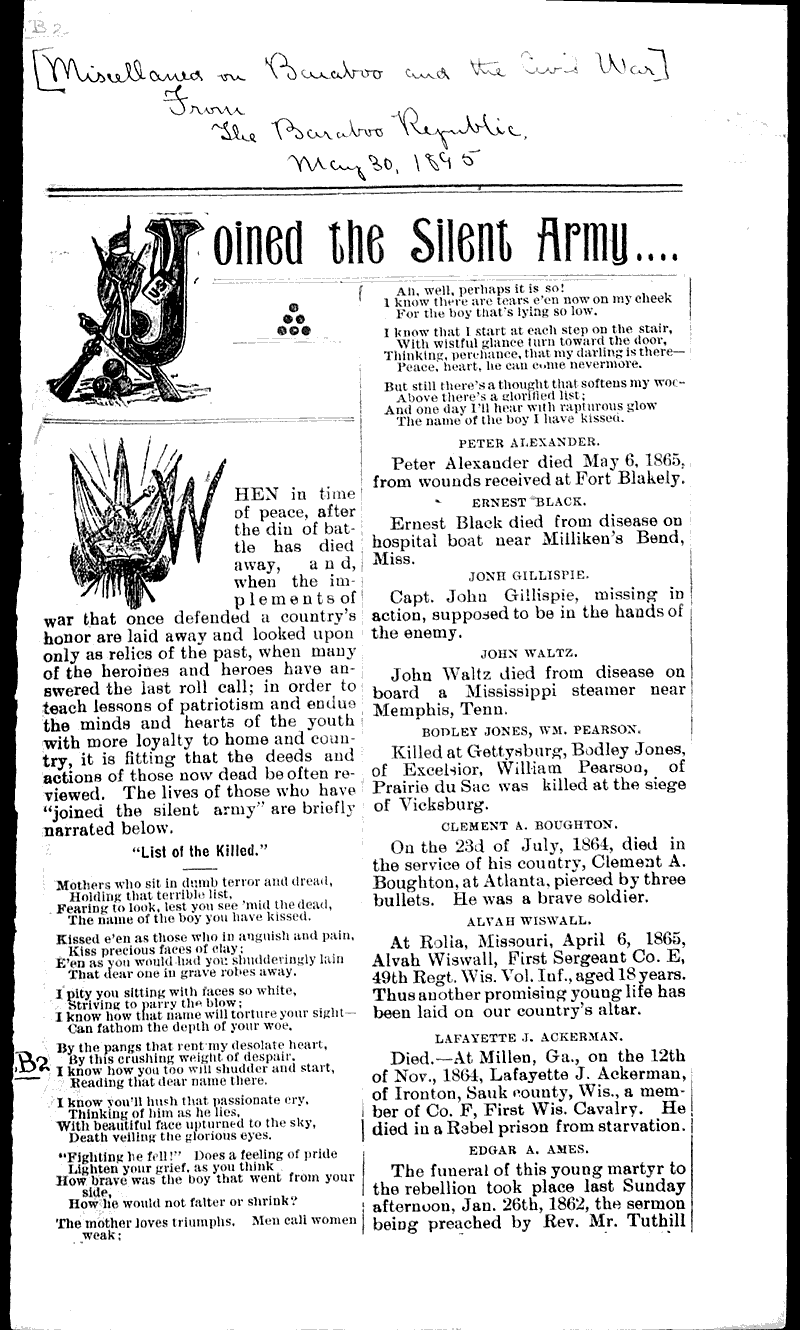  Source: Baraboo Republic Topics: Civil War Date: 1895-05-30