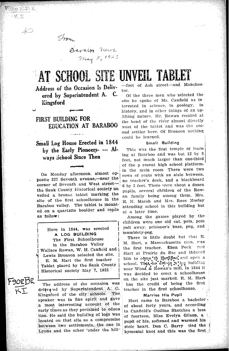 At school site unveil tablet Source: Baraboo Daily News Topics: Education Date: 1923-05-08