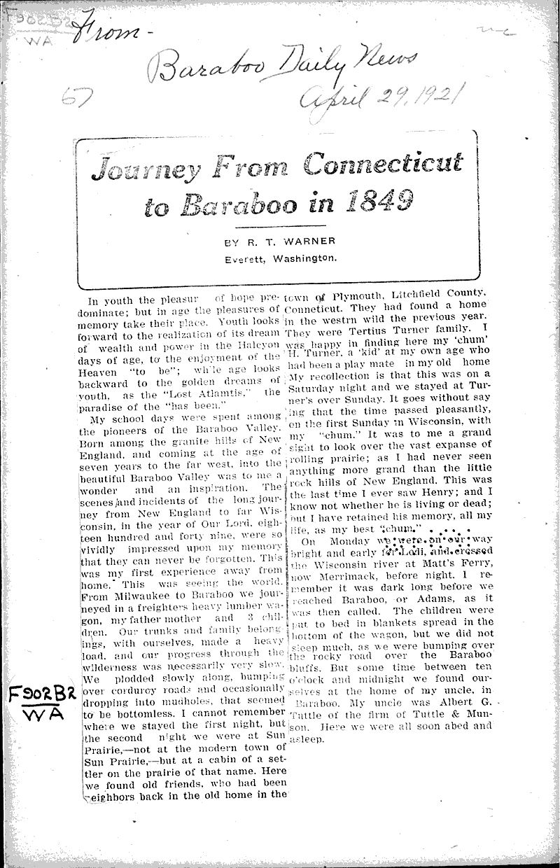 Journey from to baraboo in 1849 Newspaper Article/Clipping