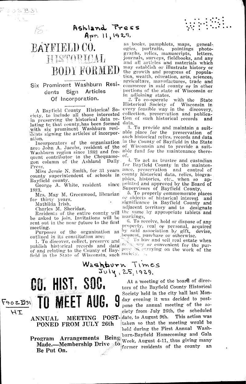 Bayfield Co. historicl body formed Newspaper Article/Clipping