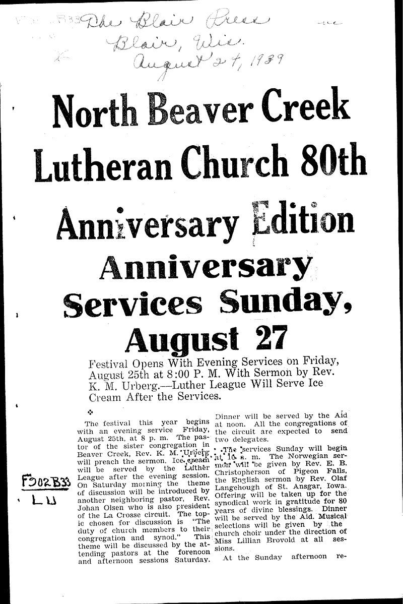  Source: Blair Press Topics: Church History Date: 1929-08-20