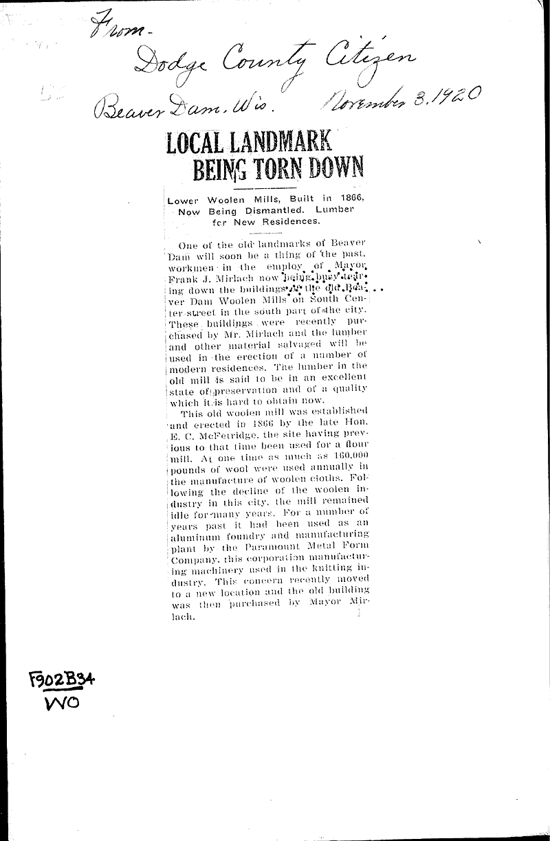 Local landmark being torn down Newspaper Article/Clipping Wisconsin